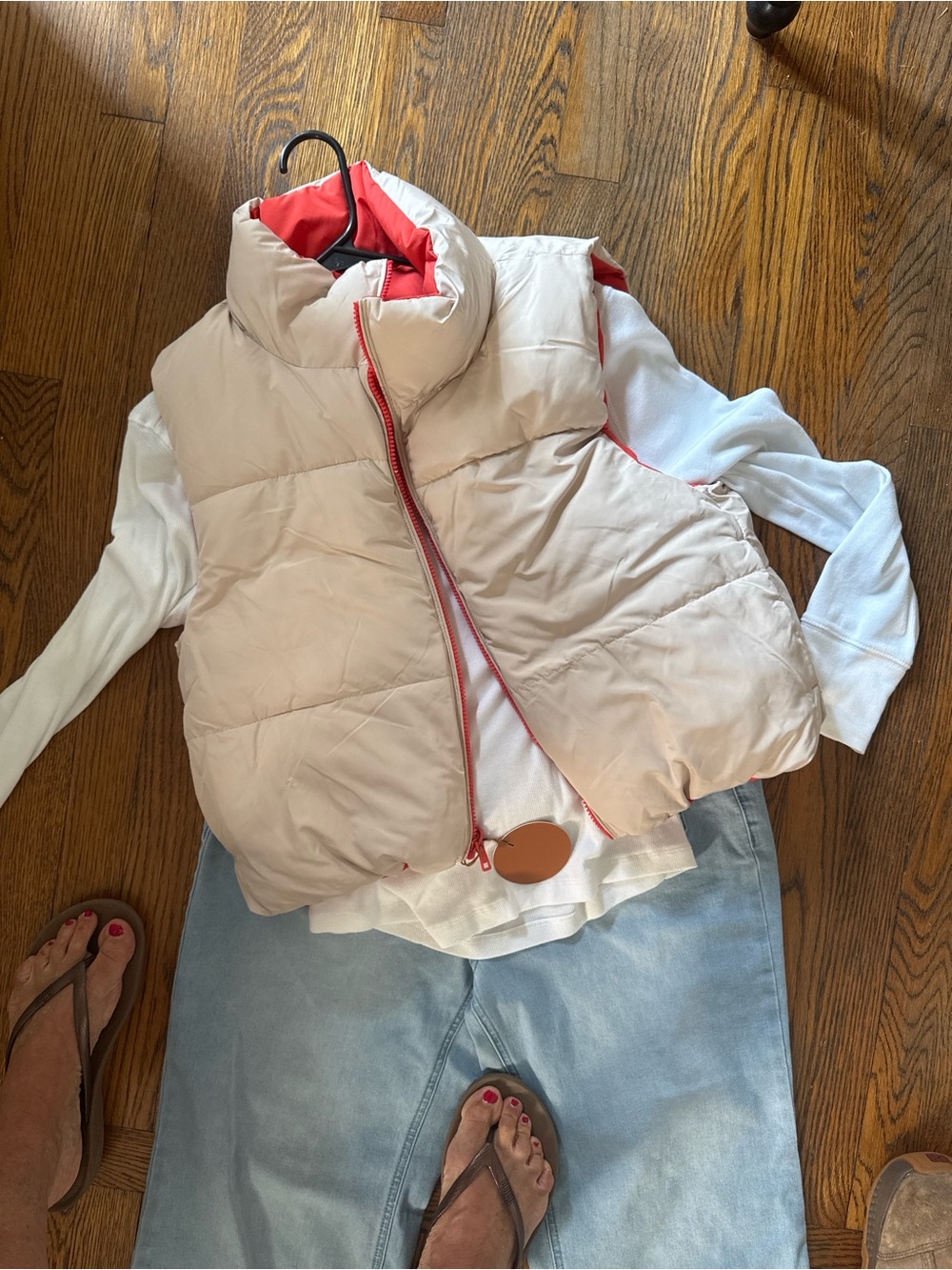 Women's Light Pink Puffer Vest with Coral Trim